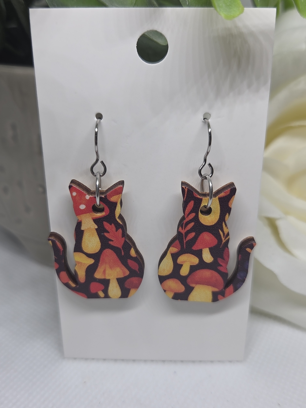 Cat Silhouette Drop Earrings with Yellow & Orange Mushroom Pattern - Unbranded